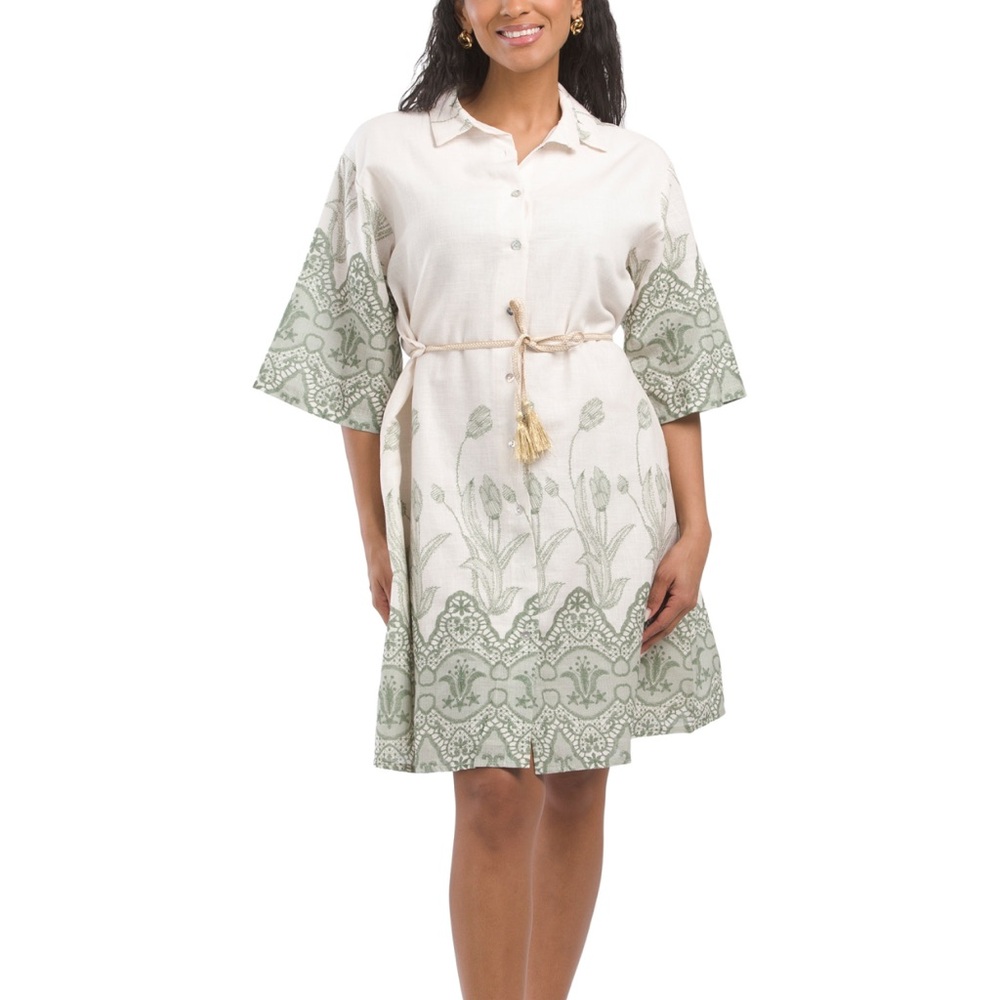 Francesca Bettini Made In Italy Linen Blend Shirt Mini Dress M Sage Embroidered